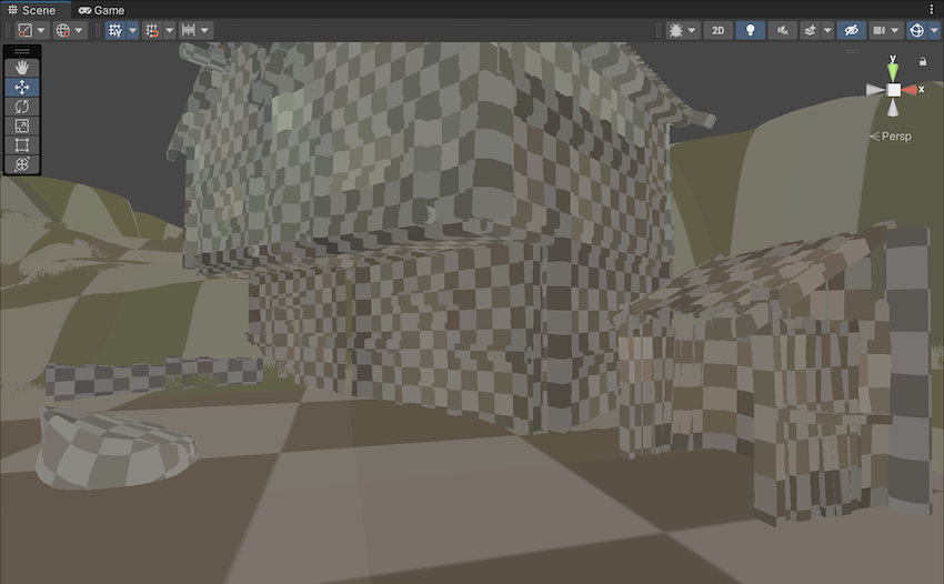 A wooden village scene in Albedo mode. Each GameObject displays a similar checkerboard pattern to Indirect mode, using the albedo color of the material.