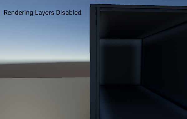 A dark, unlit interior of a box on the right and a simple gradient sky and ground on the left. Adaptive Probe Volumes dont use rendering layers, resulting in light leaking. The exterior appears slightly darker, while the interior is noticeably brighter.