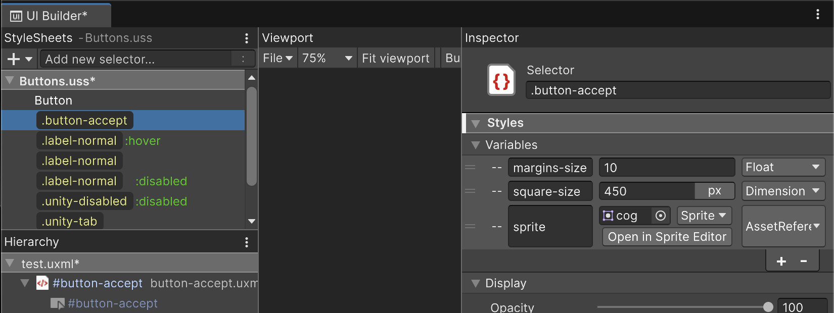 Variables in the USS selectors are available for creating and editing in UI Builder in Unity 6.1.