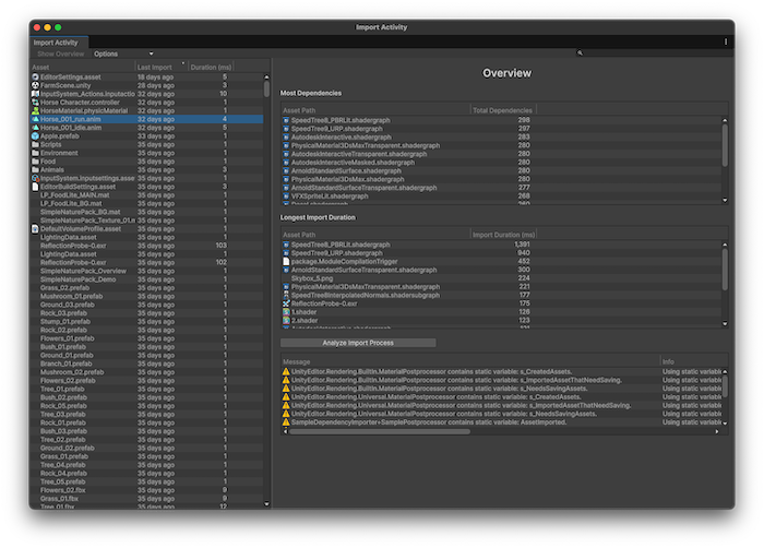 The Import Activity Overview panel displaying the most dependencies, longest import duration, and suggestions to improve import times.