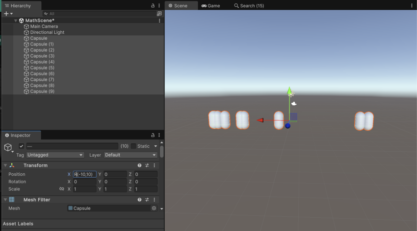 The X field has the value R(-10,10). The selected capsules are placed at random intervals along the x-axis from -10 to 10