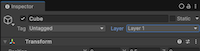 Cube selected in the Inspector, with Layer 1 assigned to it.