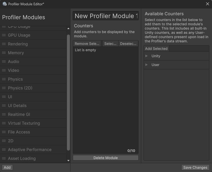 The Profiler Module Editor window, with a new module selected