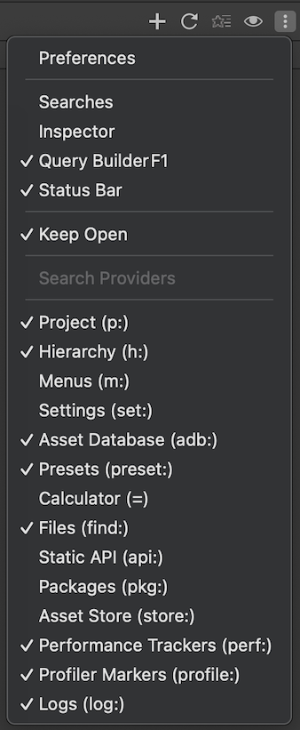The More menu with the list of search providers available in the project. A provider with a check next to its name is active in the window.