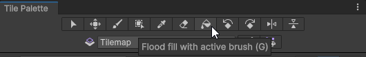 The Tile Palette window with the mouse cursor over the Flood Fill tool button.