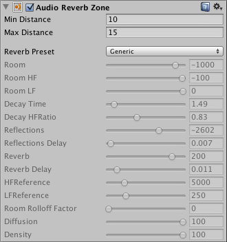 The AudioGroup Inspector displays the configurable properties of a Reverb Zone.