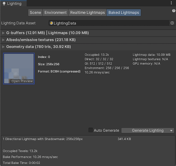 In this example, all the GameObjects have the same Baked tag, and Unity stores all lighting data in one atlas.
