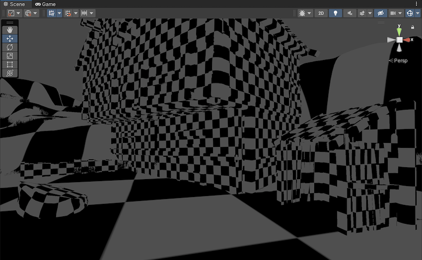 A wooden village scene in Emissive mode. Each GameObject displays a similar checkerboard pattern to Indirect mode, using a dark color where theres no emission.