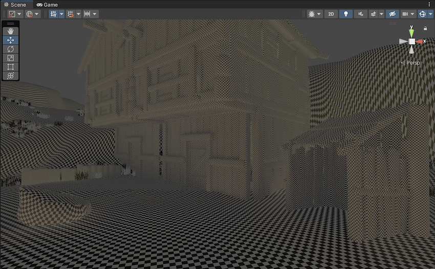 A wooden village scene in Baked Lightmap mode. All the GameObjects have a dense checkerboard pattern to represent lightmap texels.
