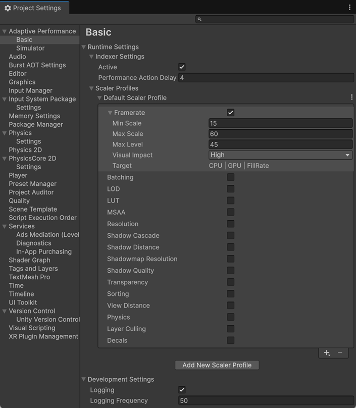 Adaptive Performance provider settings in the Project Settings window.