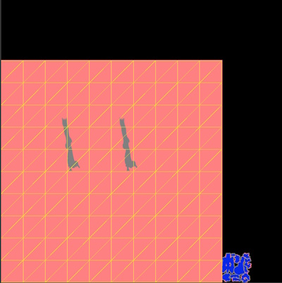 An example of a baked shadow mask texture. The square area with yellow lines represents a plane. The two grey areas are shadows.