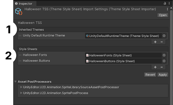 In this example of Halloween-themed UI elements, the Halloween TSS first inherits from the Unity Default Runtime TSS, then it adds theme-specific style sheets for Fonts and Buttons.