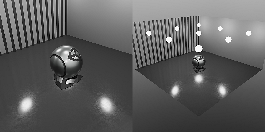 Two images of a rendered room with a sphere in the middle. The first image shows the sphere with bake point lights, and emissive proxies captured by a reflection probe. The second image is a zoomed out perspective of the first, showing the emissive proxies are placed above the sphere.