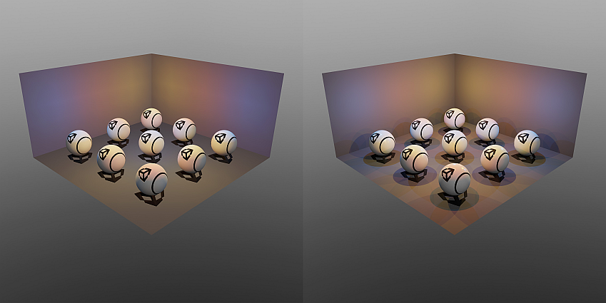 Two images of the same scene of a room containing a 3 by 3 grid of spheres. The first image displays how there are no shadows or specular highlights when the pixel light count set to zero. The second image shows the same scene with the pixel light count set to nine, with the spheres casting shadows.