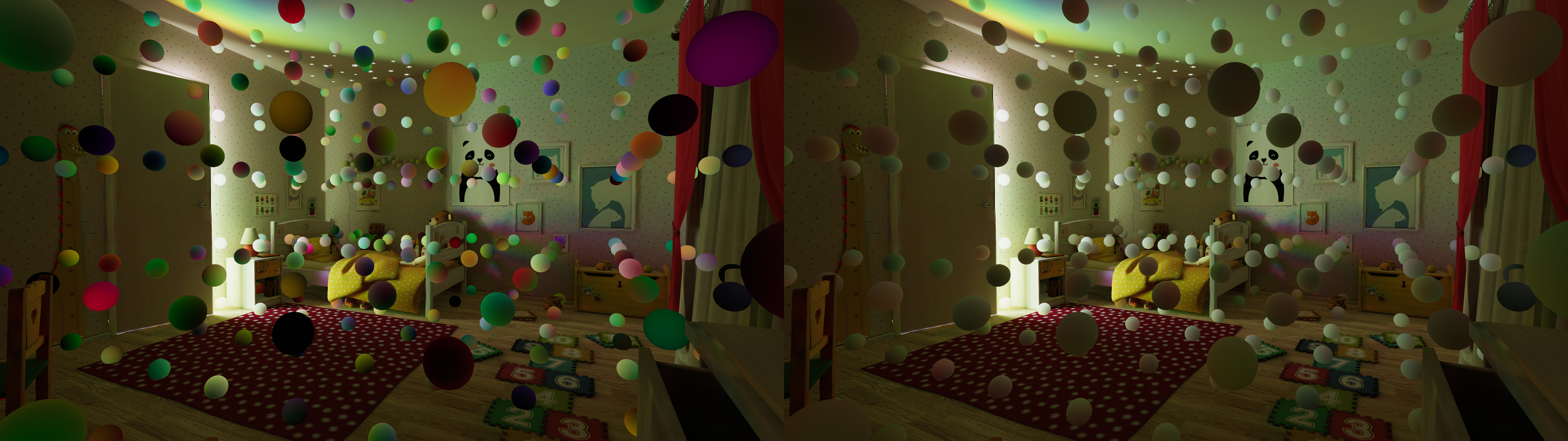A childs bedroom scene, with the grid of light probes visible throughout the scene as spheres. On the left, the probes are brightly multi-colored. On the right, the probes are less brightly-colored.