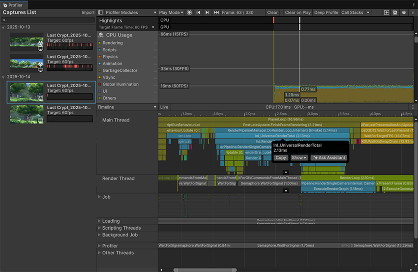Profiler window with a frame in the CPU Usage Profiler module selected. The Timeline view is selected in the details pane.