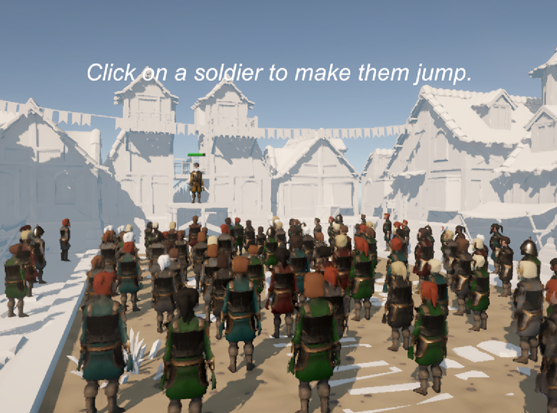 The Game view of the LookDev scene rendering many soldiers, all with different appearances.