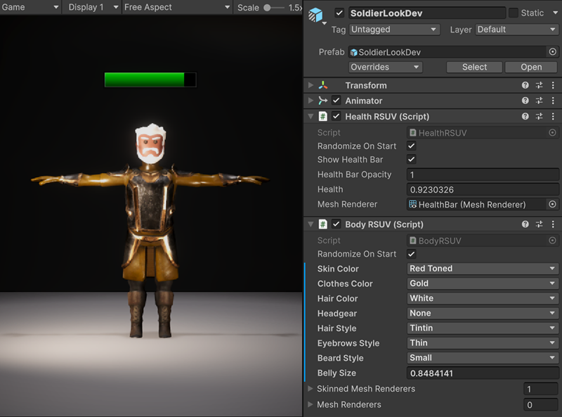 The Game view of the LookDev scene rendering a soldier in T pose, and the Inspector window displaying properties to change the soldiers appearance using RSUV.