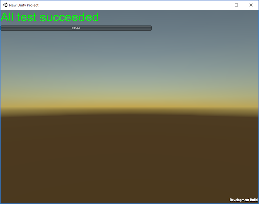 The built Player displays the results of the Play mode tests run on it.
