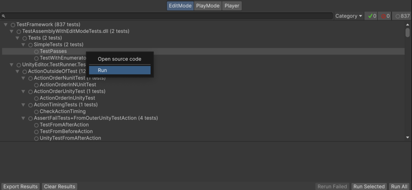 The Test Runner window displaying the test tree and the context menu with the Run option that appears when right-clicking an individual test.