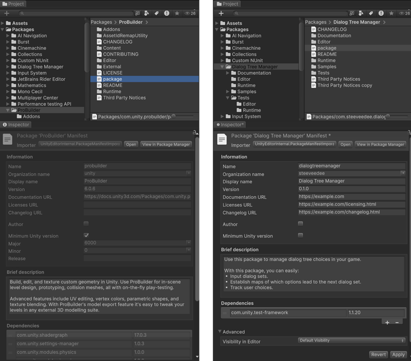 Registry package (immutable) on the left and an embedded package (mutable) on the right