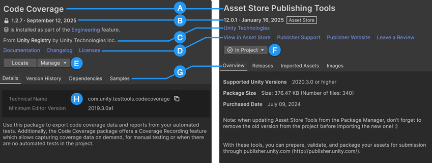 Package details for a Unity Package Manager (UPM) package (left) and an asset package (right)