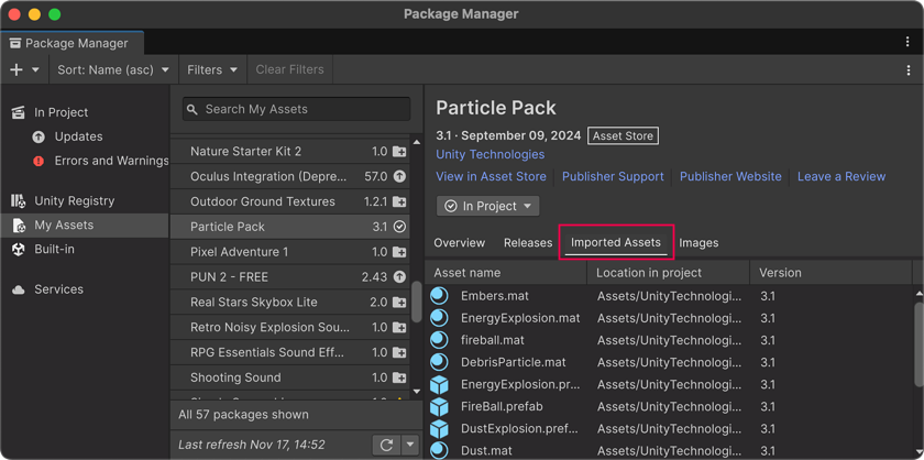 The Imported Assets tab in the Details panel