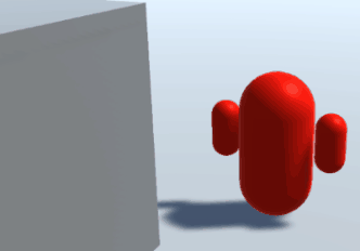 A character created from 3 simple capsules for the body and arms. The character is red, but as it moves behind a wall, the hidden parts are rendered blue.