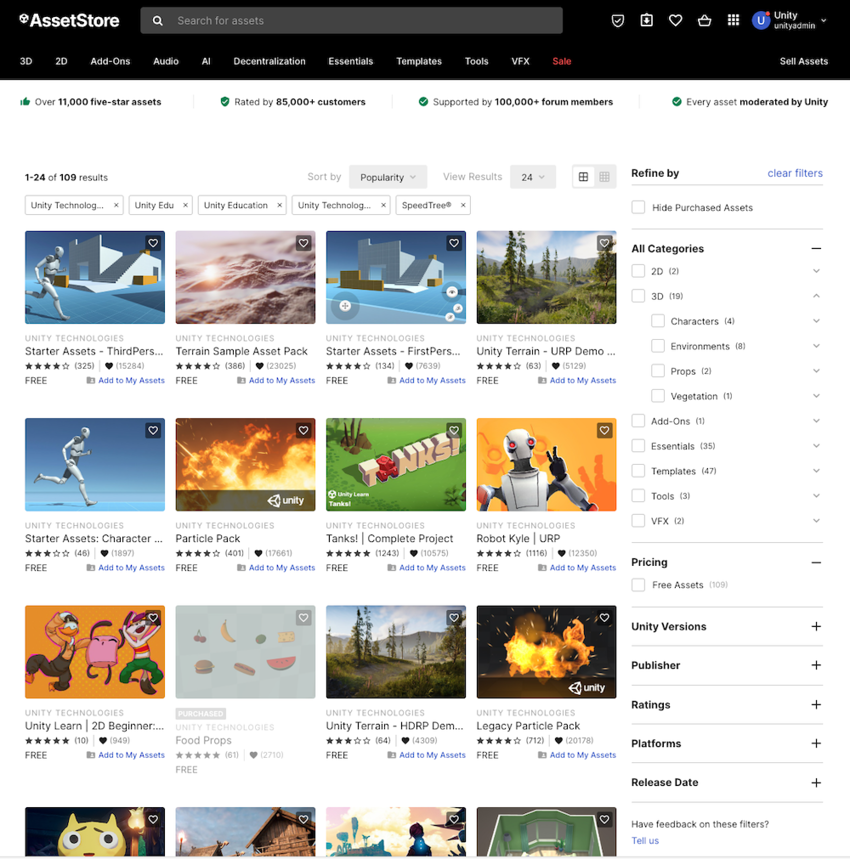 Unitys Asset Store, with a selection of assets by Unity displayed.