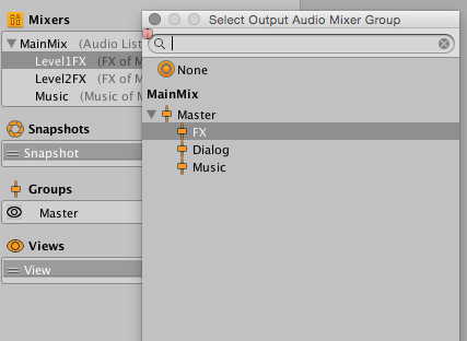 The Select Output Audio Mixer Group dialog displays the relationship between Audio Mixers and their output Audio Groups.