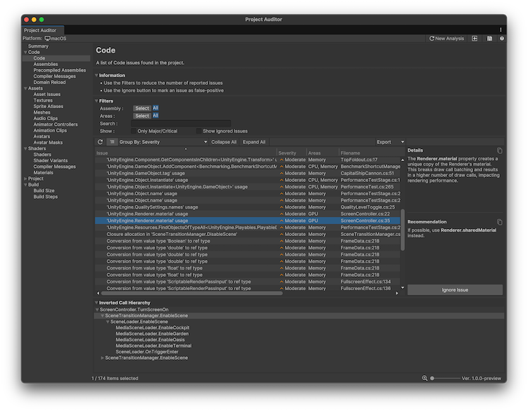 Project Auditor window with the Code view open